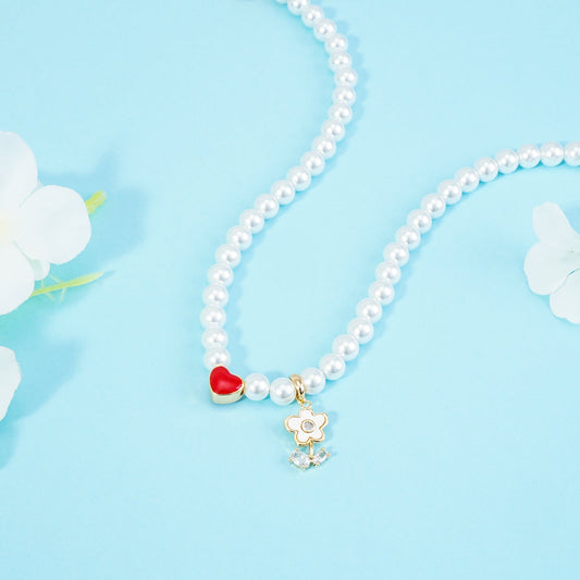 Personalised Name Girl's Heart Flower Charm Pearl Necklace