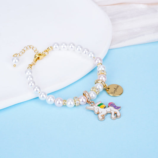 Unicorn Personalised Children's Name Pearl Bracelet