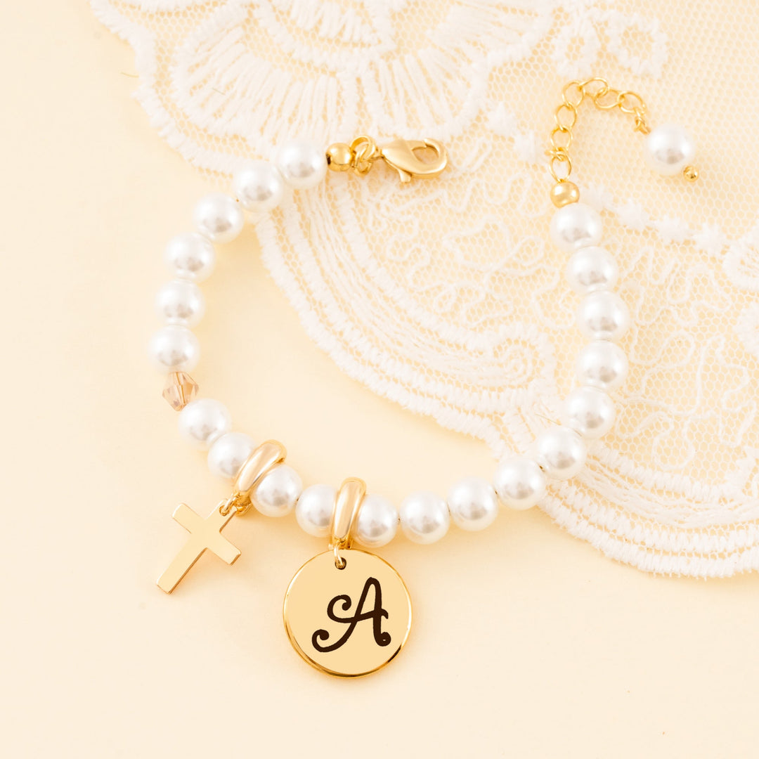 Personalized Childrens Cross and Pearl Bracelet with Initial