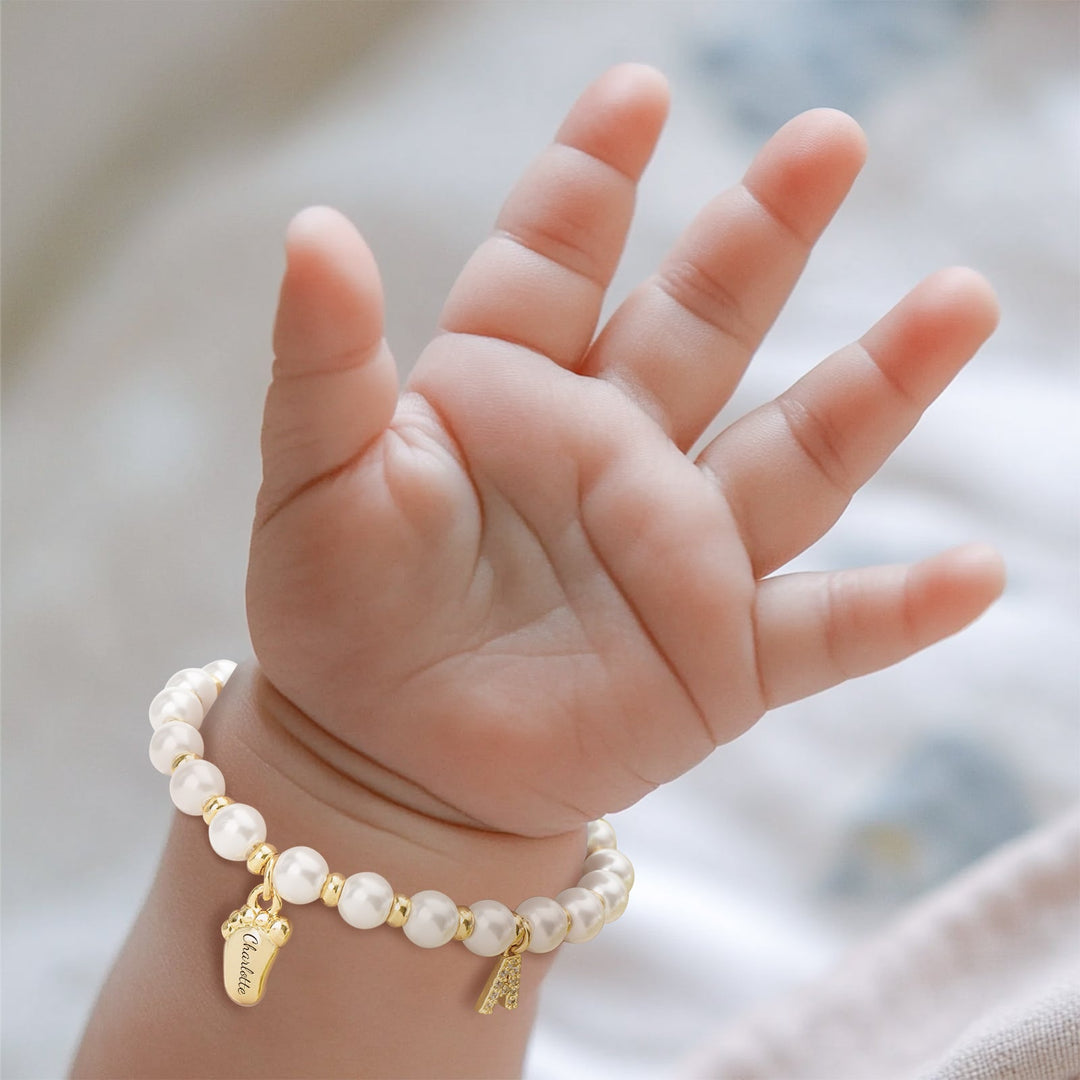 Baby Keepsake Pearl Bracelet with Name Foot and Initial Charm