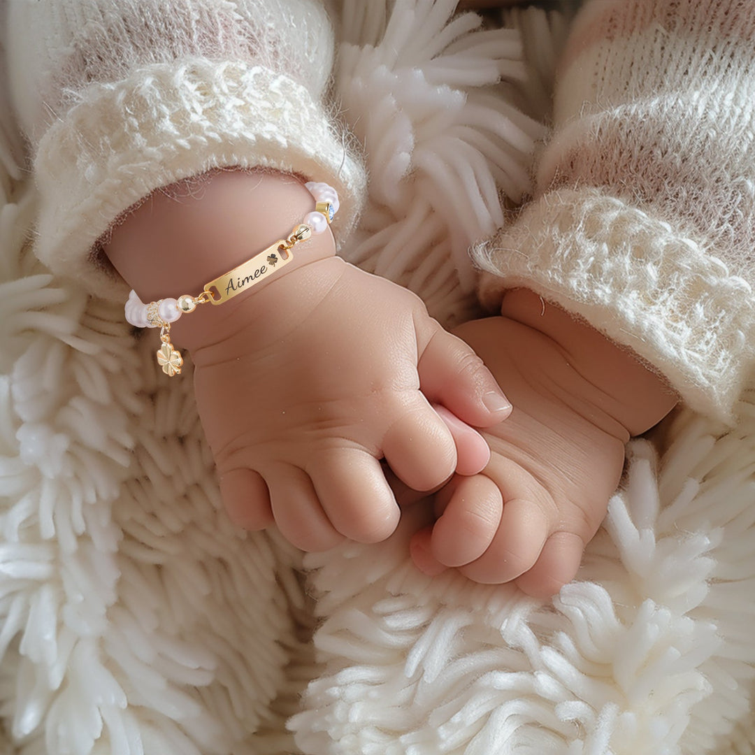 Four-leaf Clover Pendant Personalized Baby Name and Birthstone Pearl Bracelet
