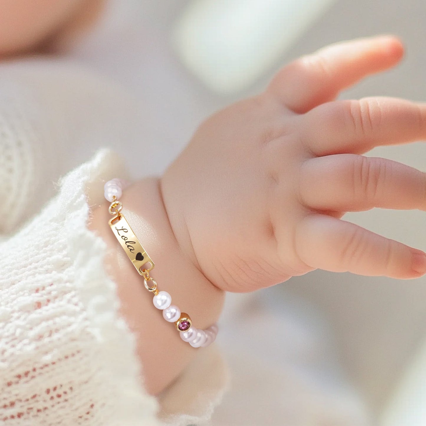 Personalised Baby Name and Birthstone Pearl Bracelet