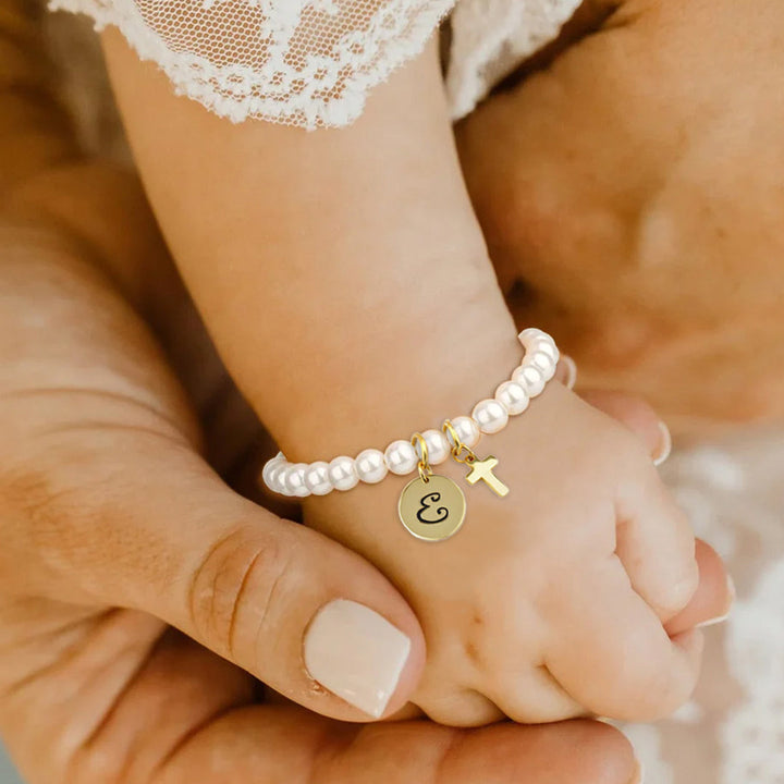 Personalized Childrens Cross and Pearl Bracelet with Initial