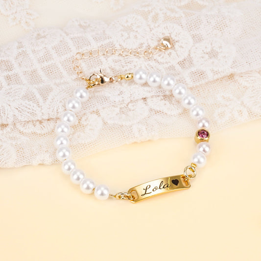 Personalised Baby Name and Birthstone Pearl Bracelet