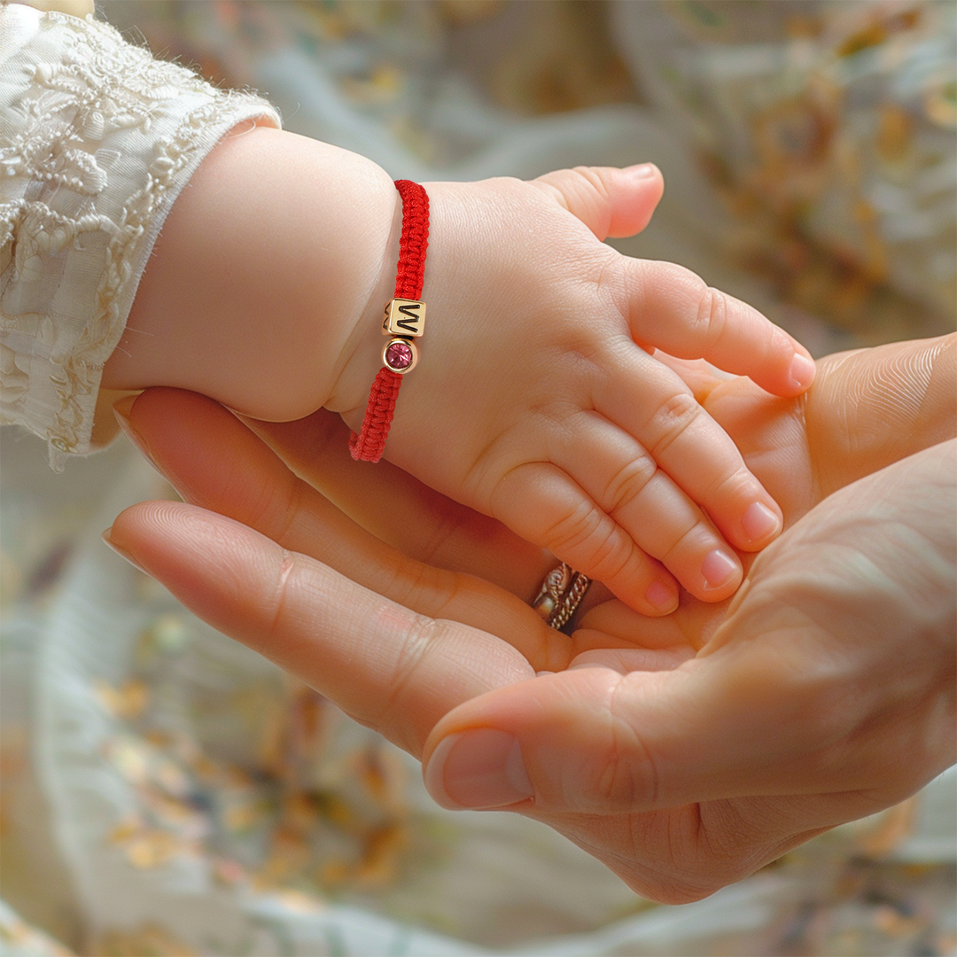 Personalised Red Cord Baby Initial and Birthstone Bracelet