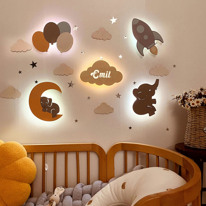 Personalized Wooden Baby Room Wall Night Light Set