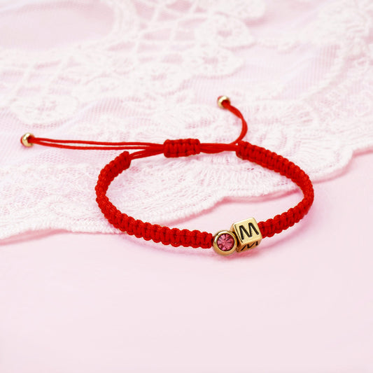 Personalised Red Cord Baby Initial and Birthstone Bracelet