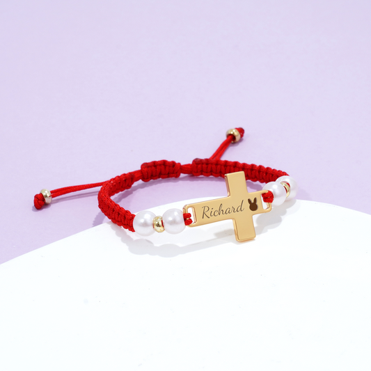 Hand-Braided Red Rope Personalised Baby Name Cross Bracelet