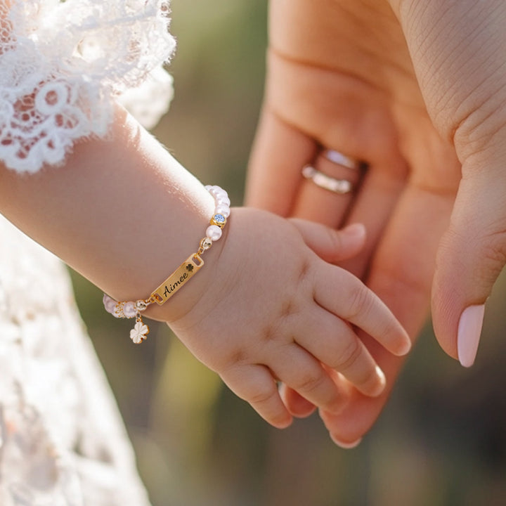 Personalised Four-Leaf Clover Baby Name and Birthstone Pearl Bracelet