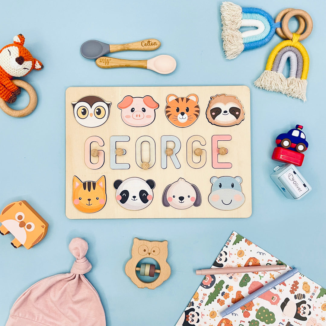 wooden baby name puzzle with animals