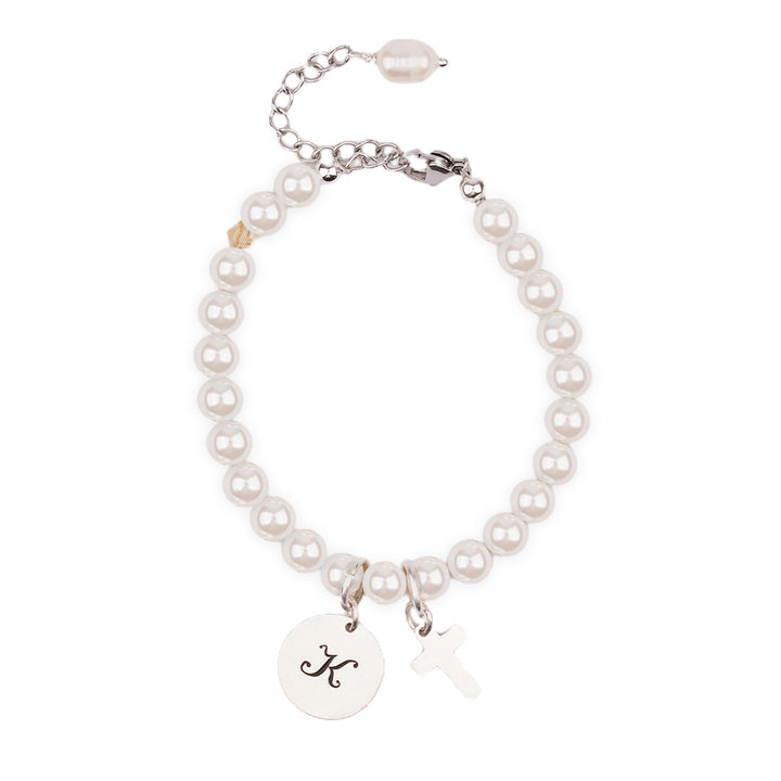 Personalized Childrens Cross and Pearl Bracelet with Initial