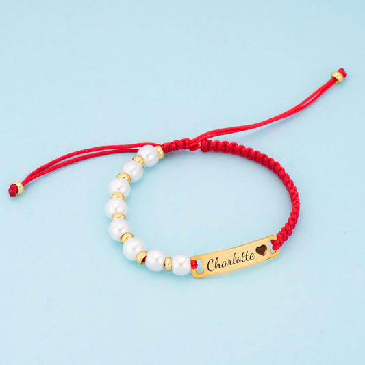 Custom Pearl Beaded Red Cord Name Bracelet for Girls