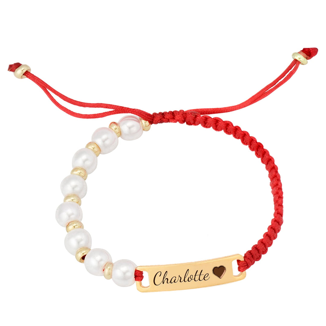 Custom Pearl Beaded Red Cord Name Bracelet for Girls