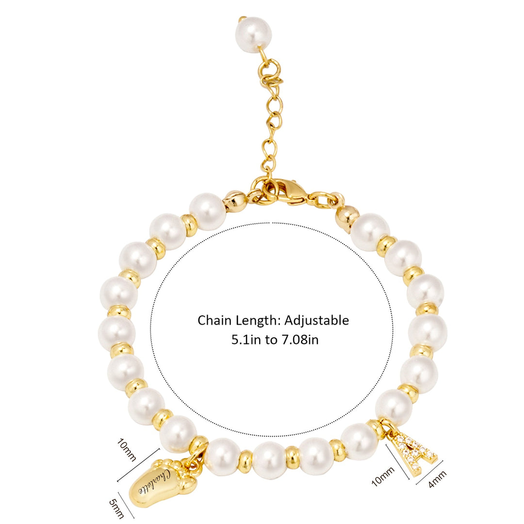 Baby Keepsake Pearl Bracelet with Name Footprint and Initial Charm