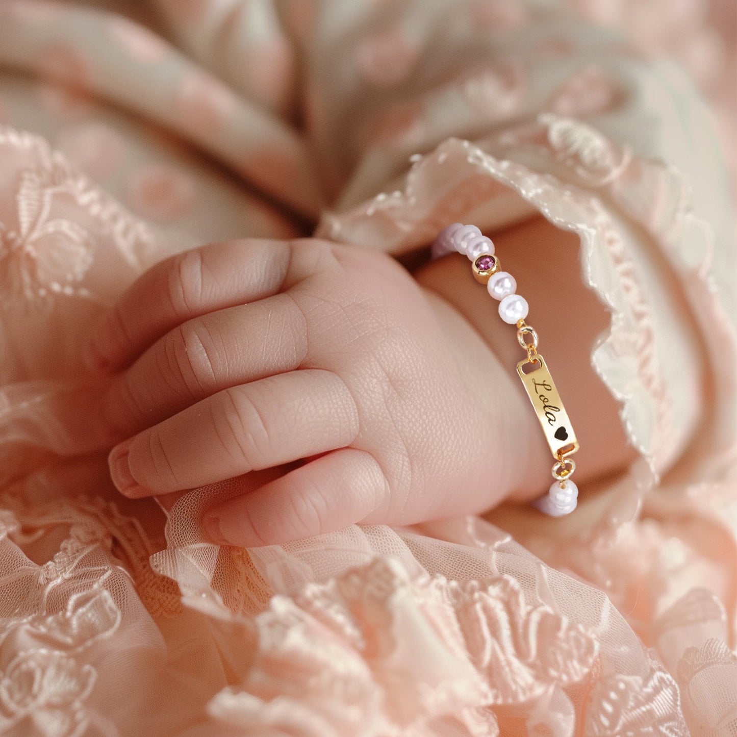 Personalised Baby Name and Birthstone Pearl Bracelet