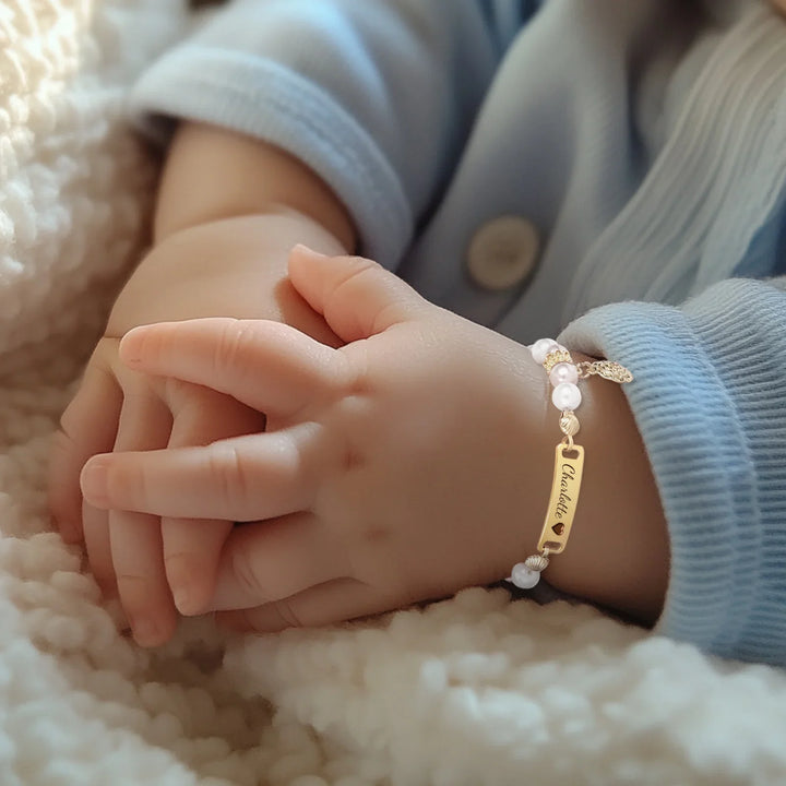 Personalised Baby Name and Birthflower Pearl Bracelet