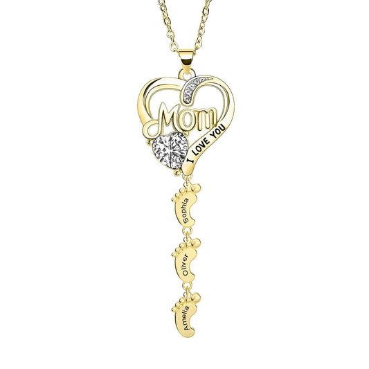 Personailzed Name and Birthstone Necklace With Feet Pendans