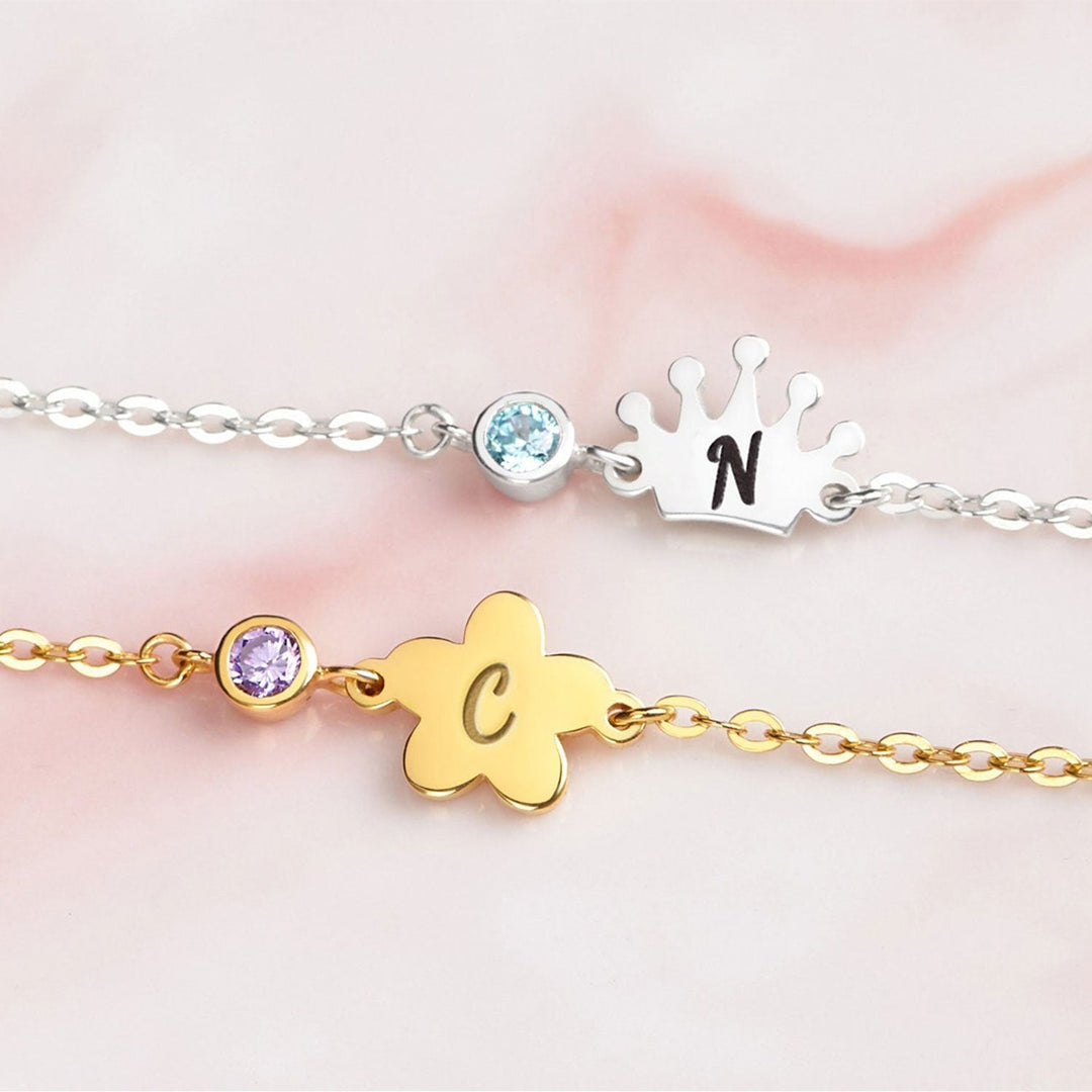 Girls Cute Element Initial and Birthstone Bracelet