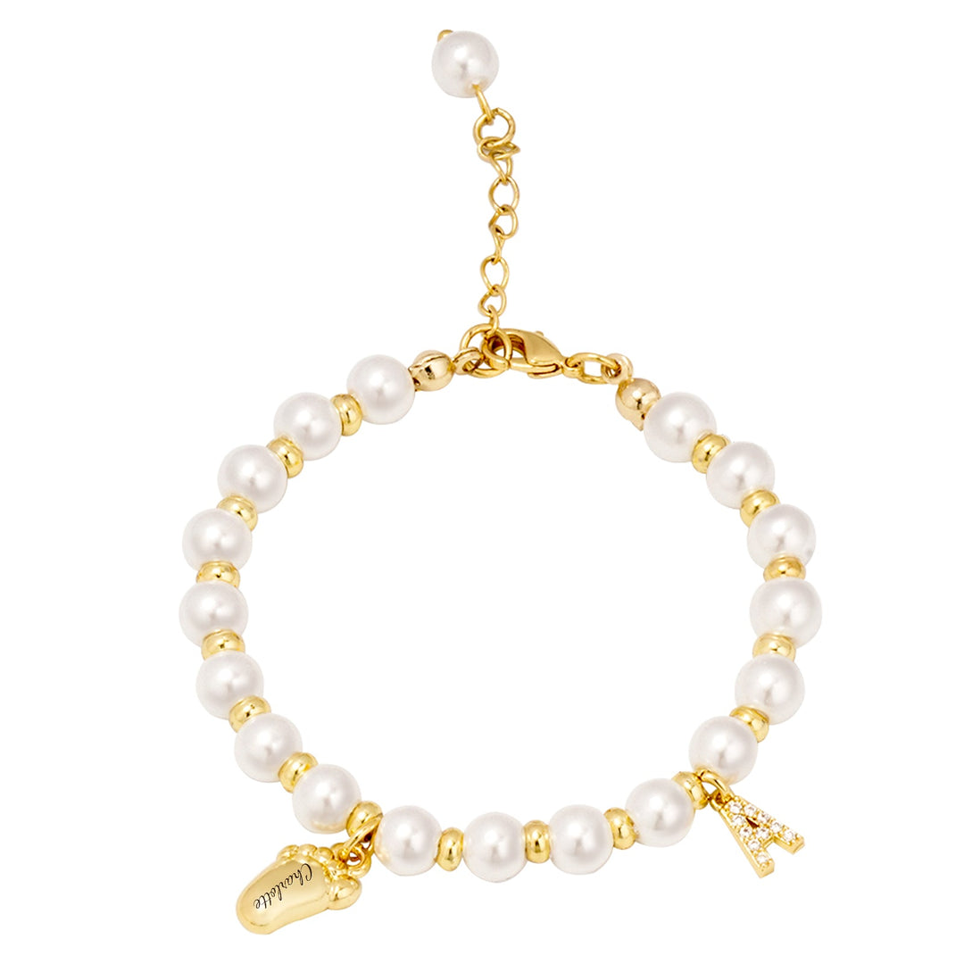 Baby Keepsake Pearl Bracelet with Name Foot and Initial Charm