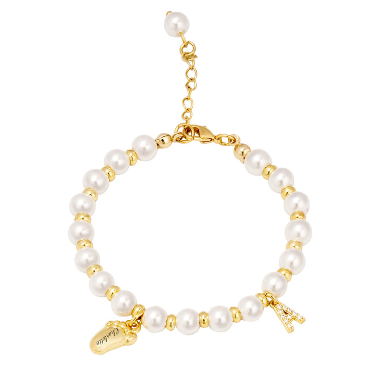 Baby Keepsake Pearl Bracelet with Name Foot and Initial Charm