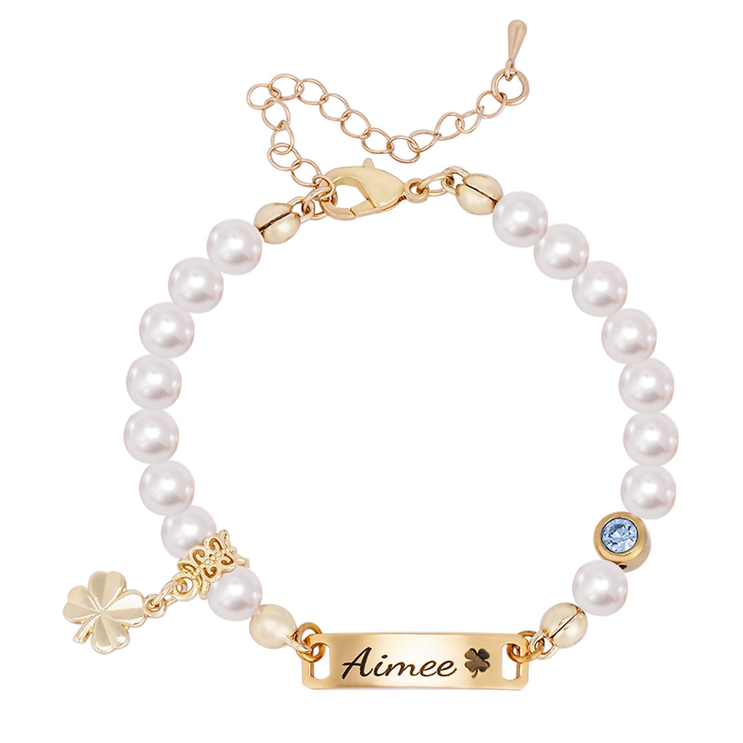 Four-leaf Clover Pendant Personalized Baby Name and Birthstone Pearl Bracelet