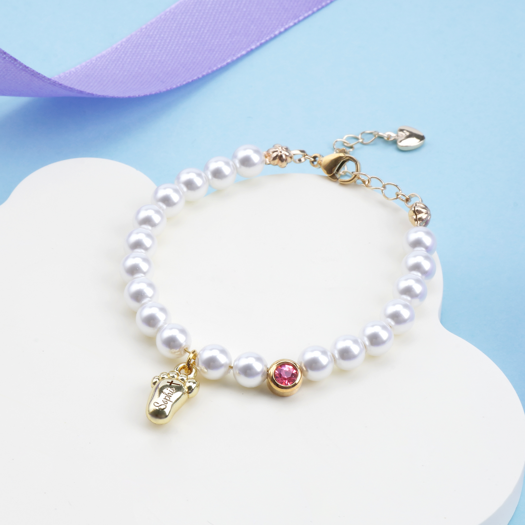 Baby Pearl Bracelet – Personalised Footprint and Birthstone
