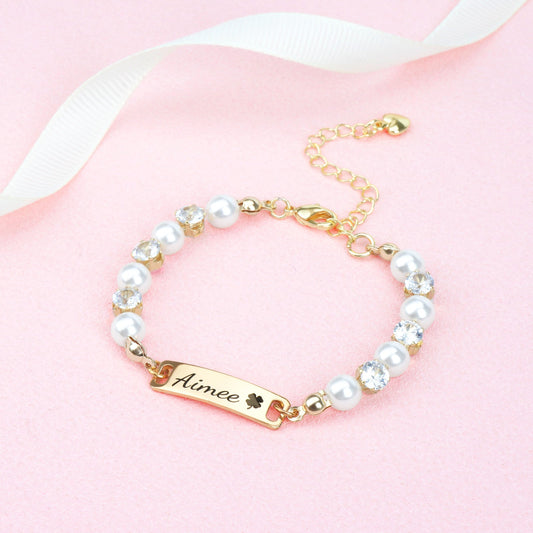 Personalised Kids’ Pearl and CZ Nameplate Bracelet