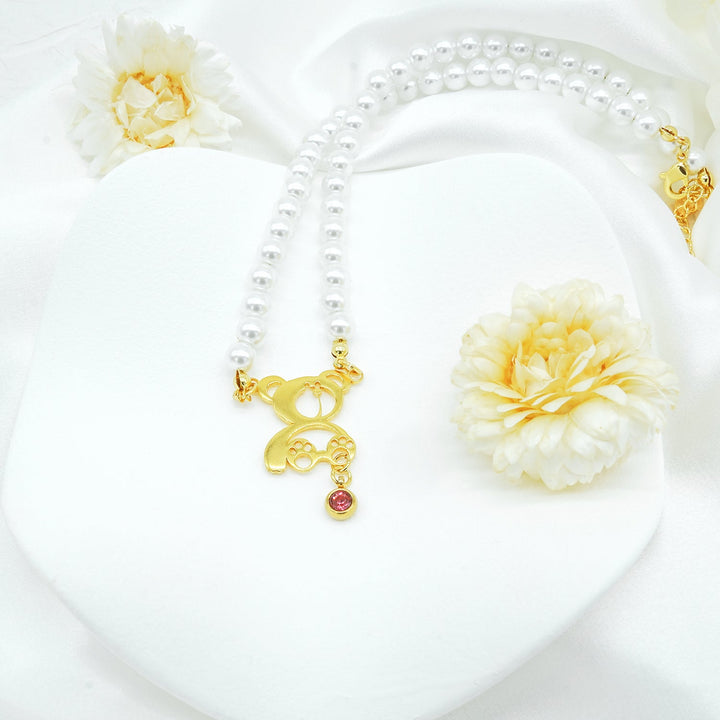 Personalized Birthstone Pearl Bear Pendant Necklace