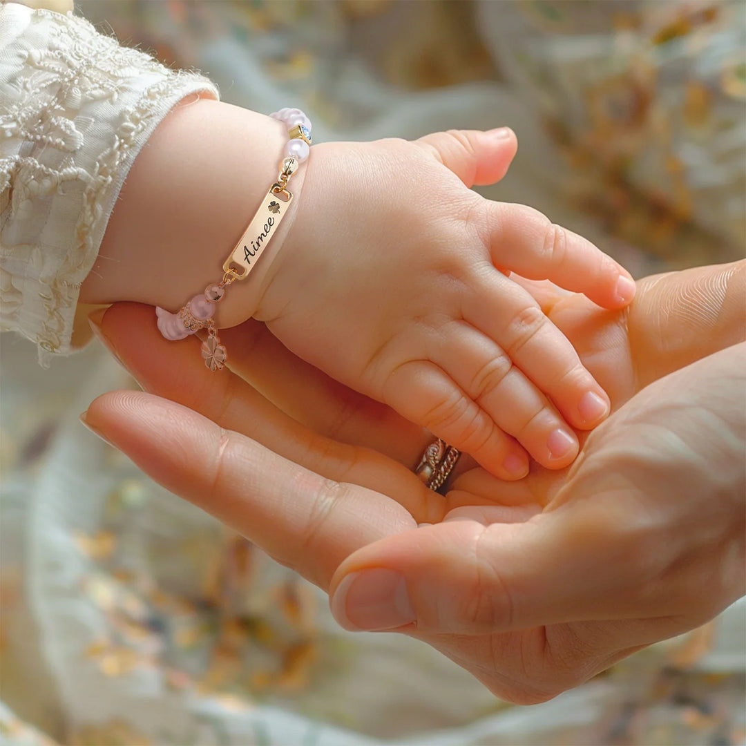 Personalised Four-Leaf Clover Baby Name and Birthstone Pearl Bracelet