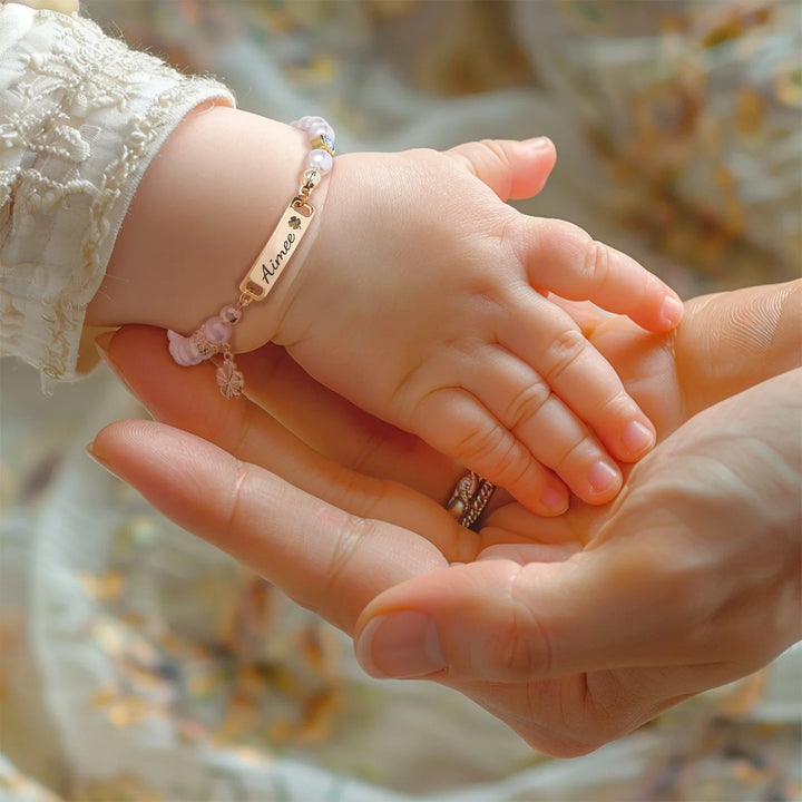 Personalised Four-Leaf Clover Baby Name and Birthstone Pearl Bracelet