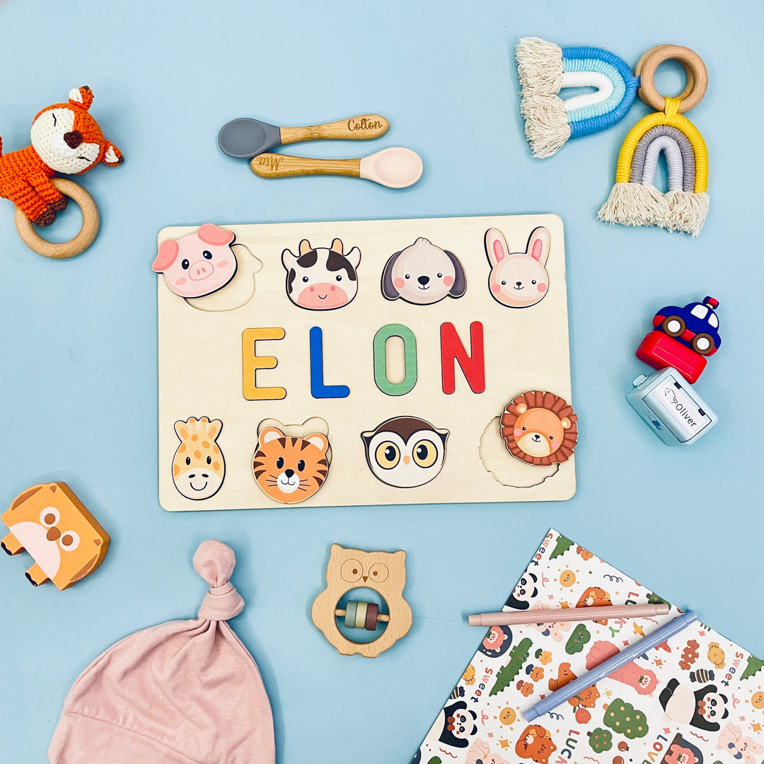 Custom Wooden Baby Name Puzzle with Animals