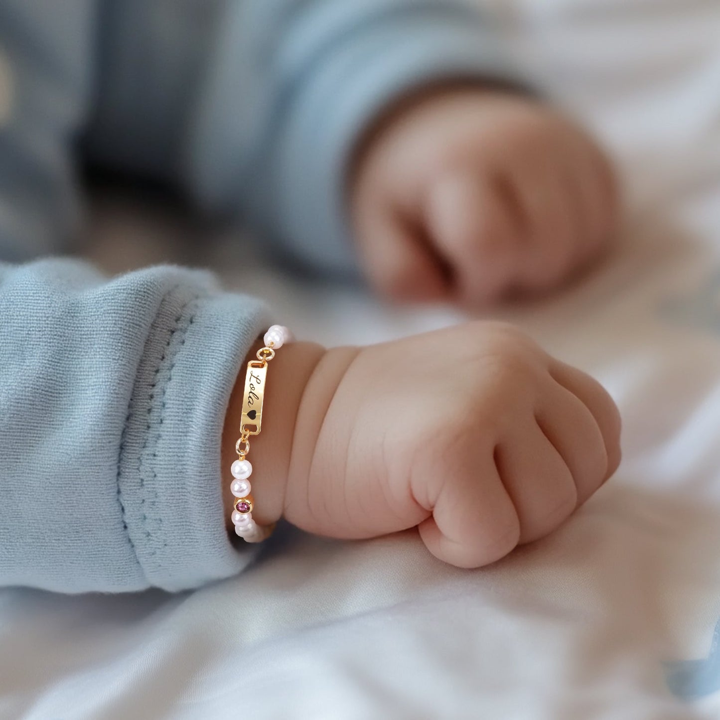 Personalised Baby Name and Birthstone Pearl Bracelet