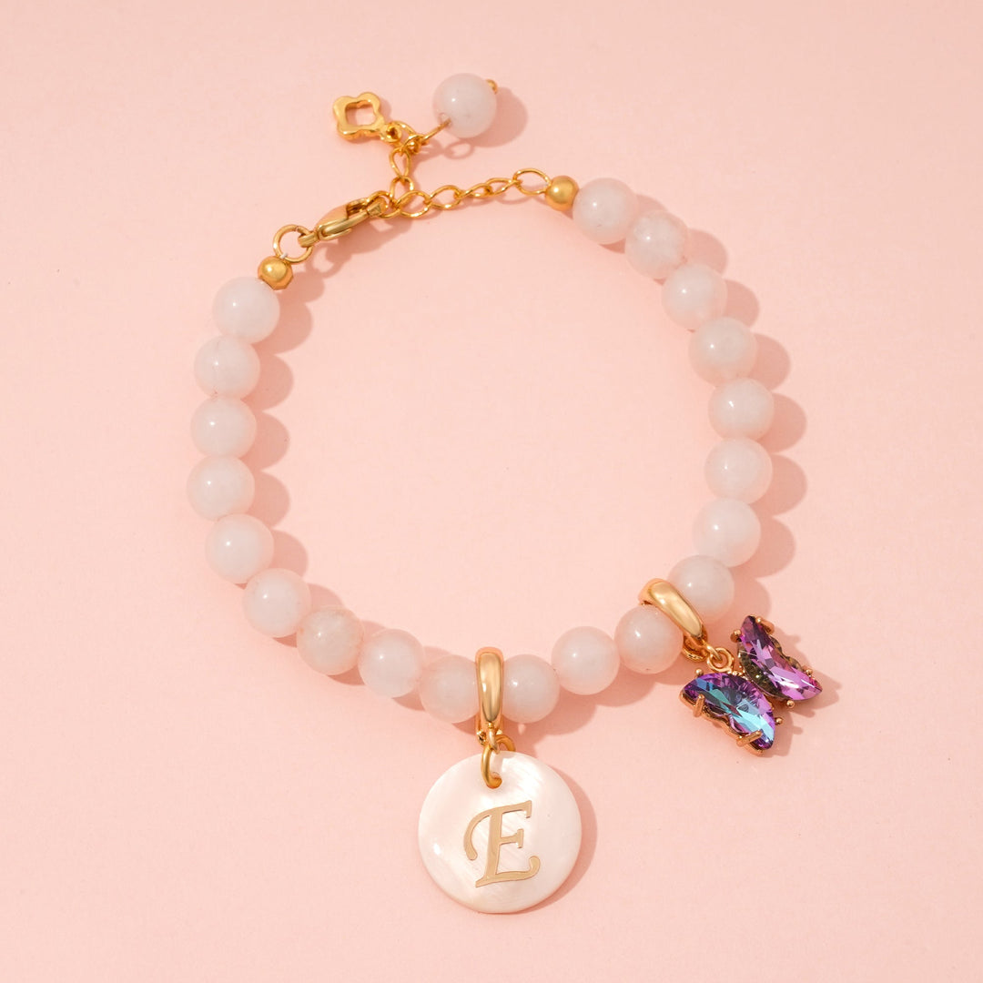 Pink Rose Girls Initial and Birthstone Gemstone Bracelet