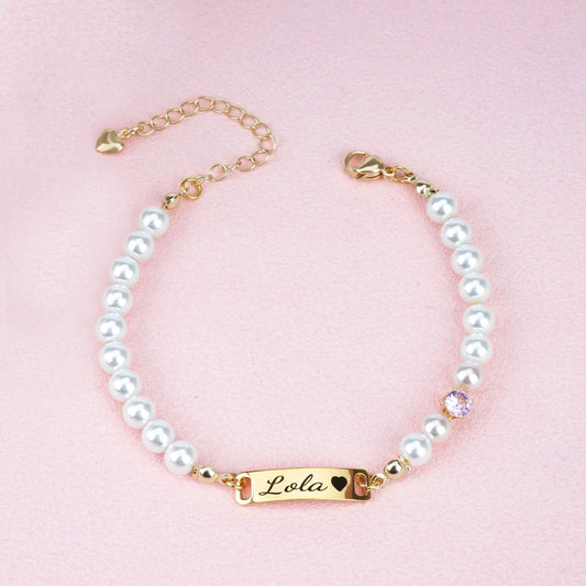 Custom Baby Name and Birthstone Pearl Bracelet