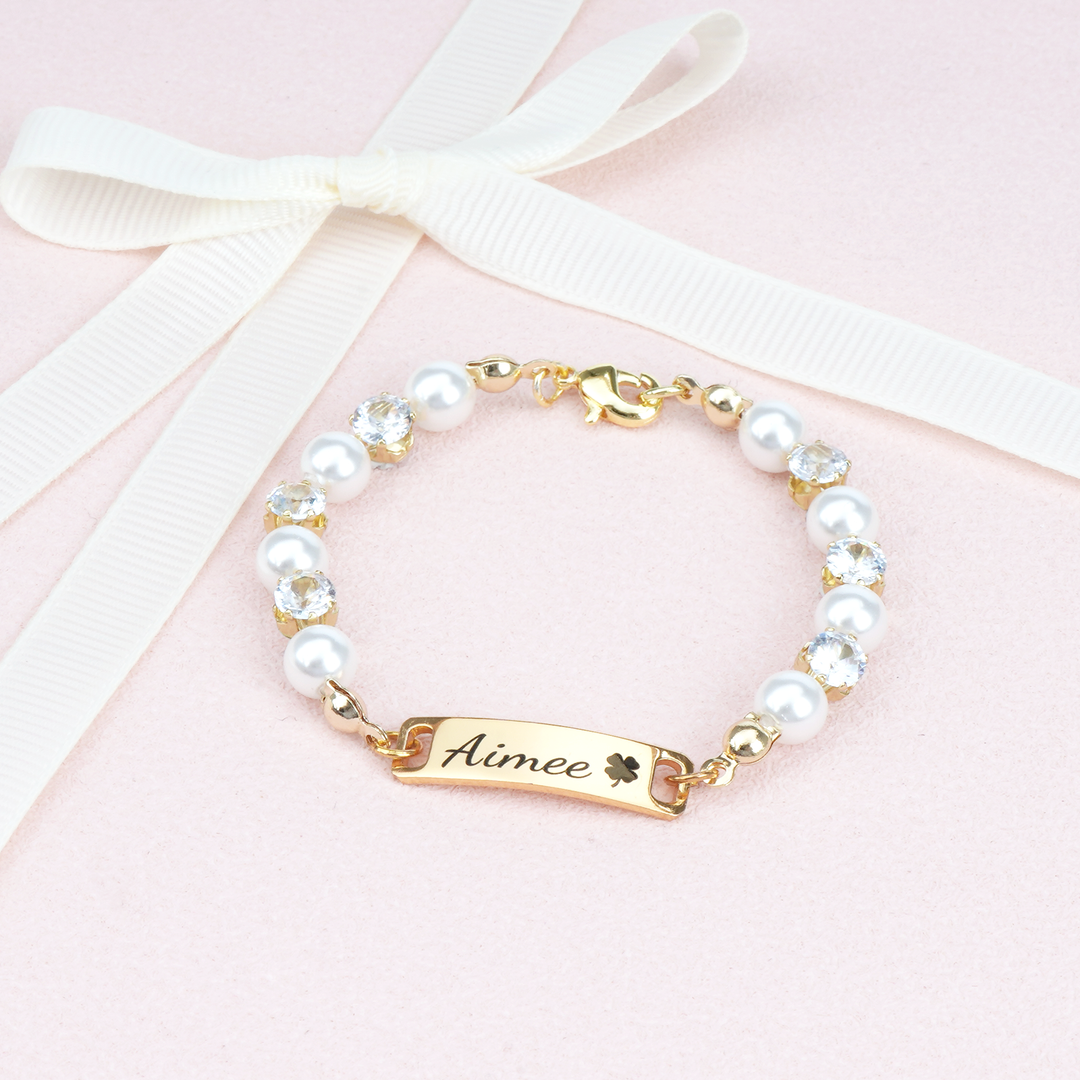 Personalised Kids’ Pearl and CZ Nameplate Bracelet