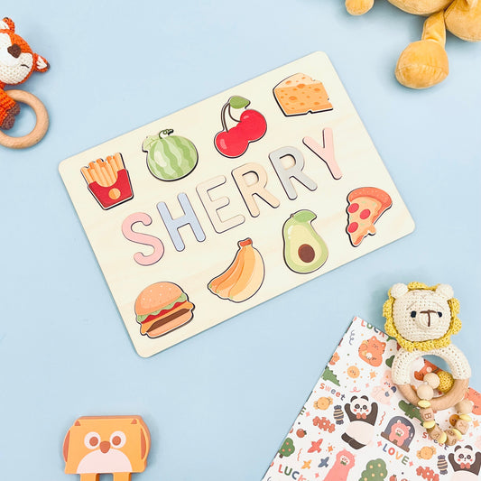 Custom Wooden Baby Name Puzzle with Food
