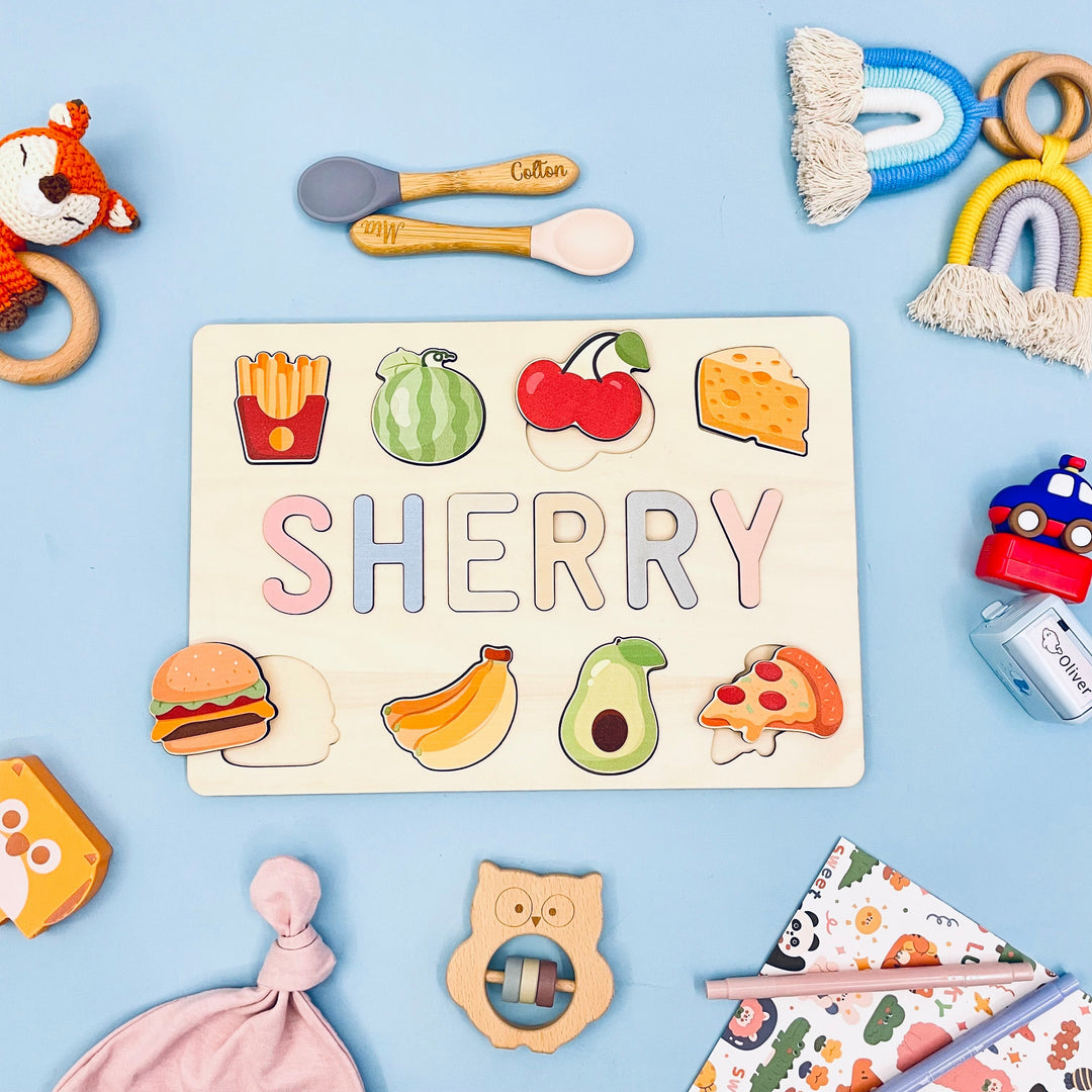 Custom Wooden Baby Name Puzzle with Food