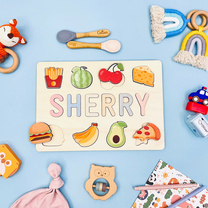 Custom Wooden Baby Name Puzzle with Food