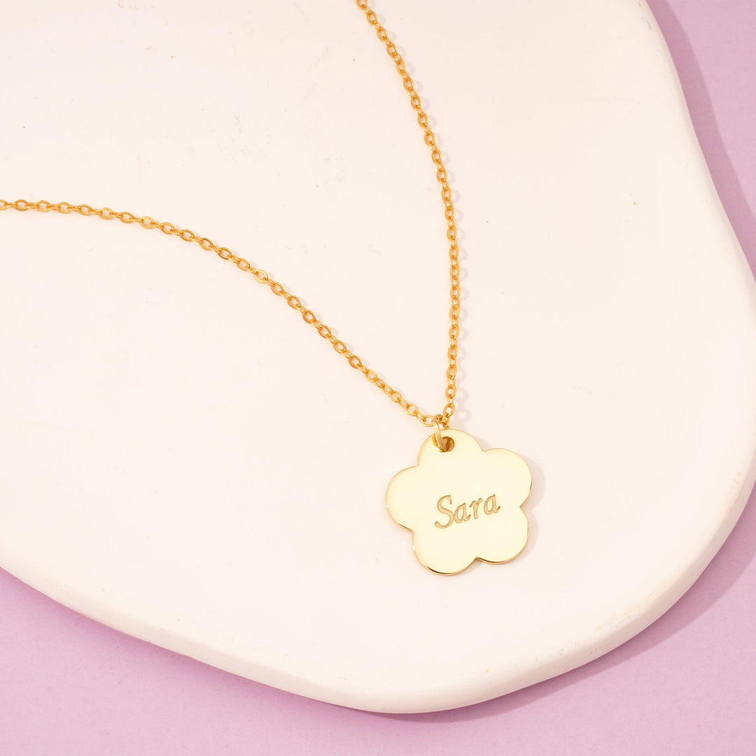 Children's Flower Engraved Name Necklace