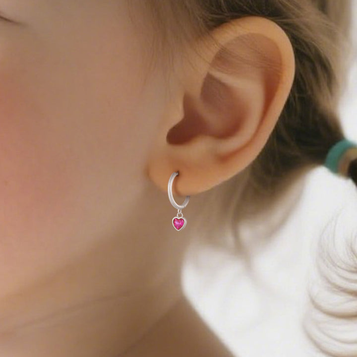 Fuchsia Heart CZ Girls Huggie Earrings