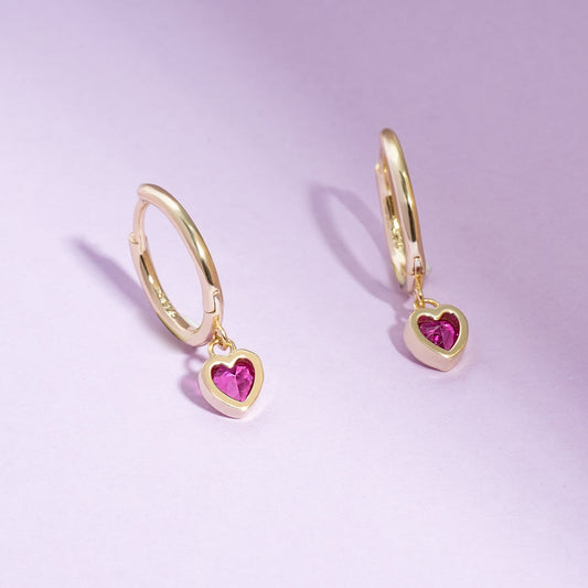 Fuchsia Heart CZ Girls Huggie Earrings