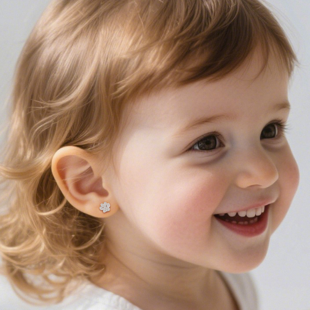 Sparkling Paw Print CZ Kids Stud Earrings