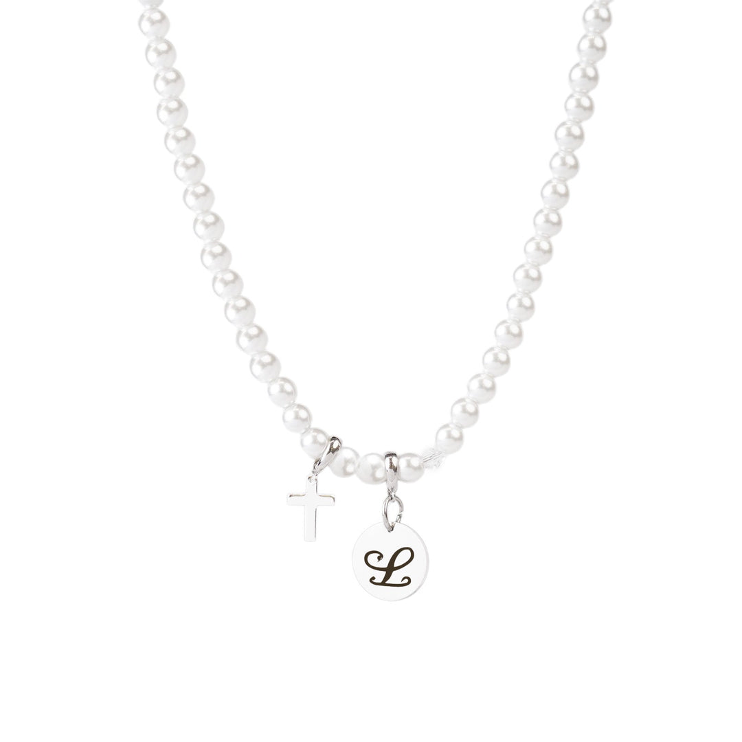 Personalized Girls Cross and Pearl Necklace with Initial