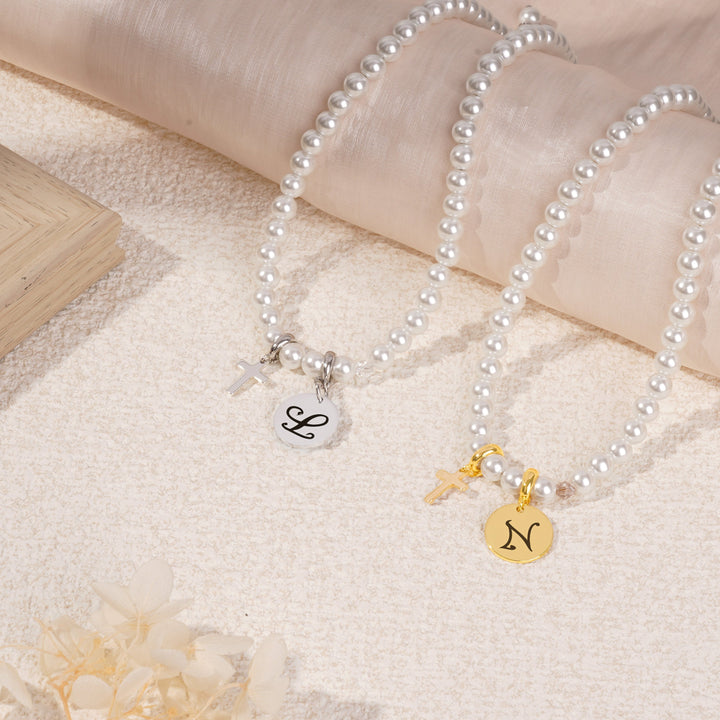 Personalized Girls Cross and Pearl Necklace with Initial