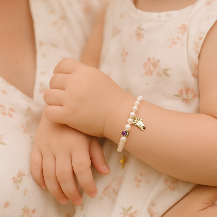 Baby Pearl Bracelet – Personalised Footprint and Birthstone