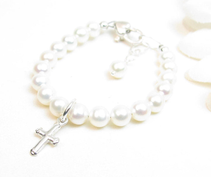 Pearl and Cross Baby Baptism Bracelet