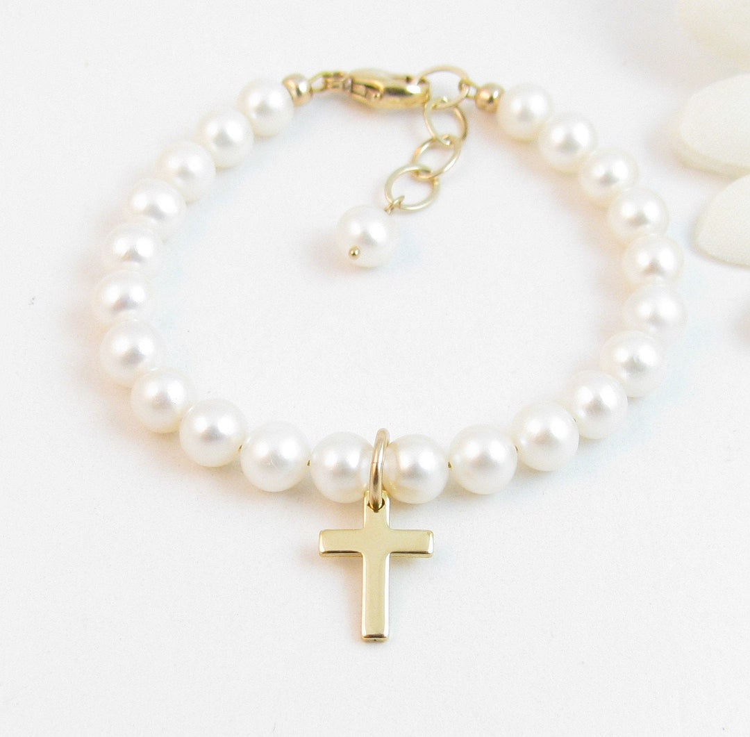 Pearl and Cross Baby Baptism Bracelet