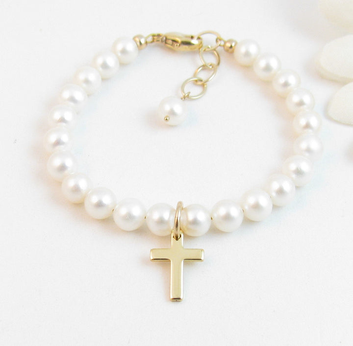 Pearl and Cross Baby Baptism Bracelet